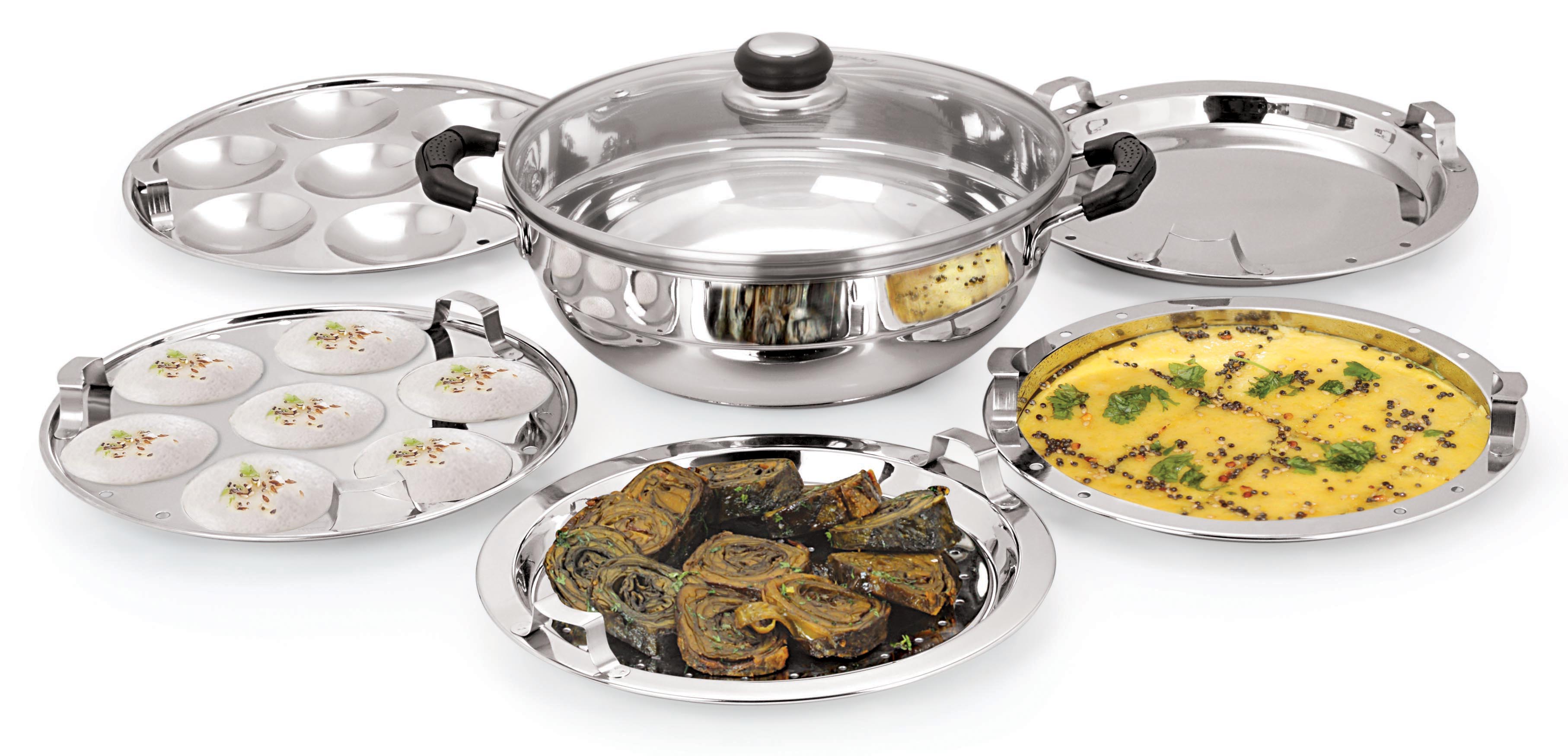 Stainless Steel Tri Ply Induction Base Multi Kadha, with 5 plates and Glass Lid, 27cm 4.5 Ltrs