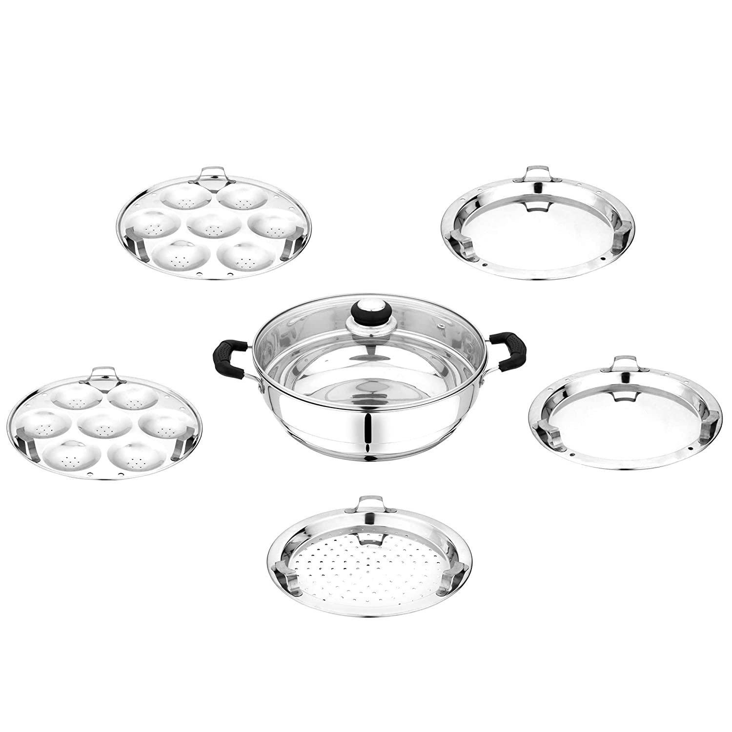 Stainless Steel Tri Ply Induction Base Multi Kadha, with 5 plates and Glass Lid, 27cm 4.5 Ltrs