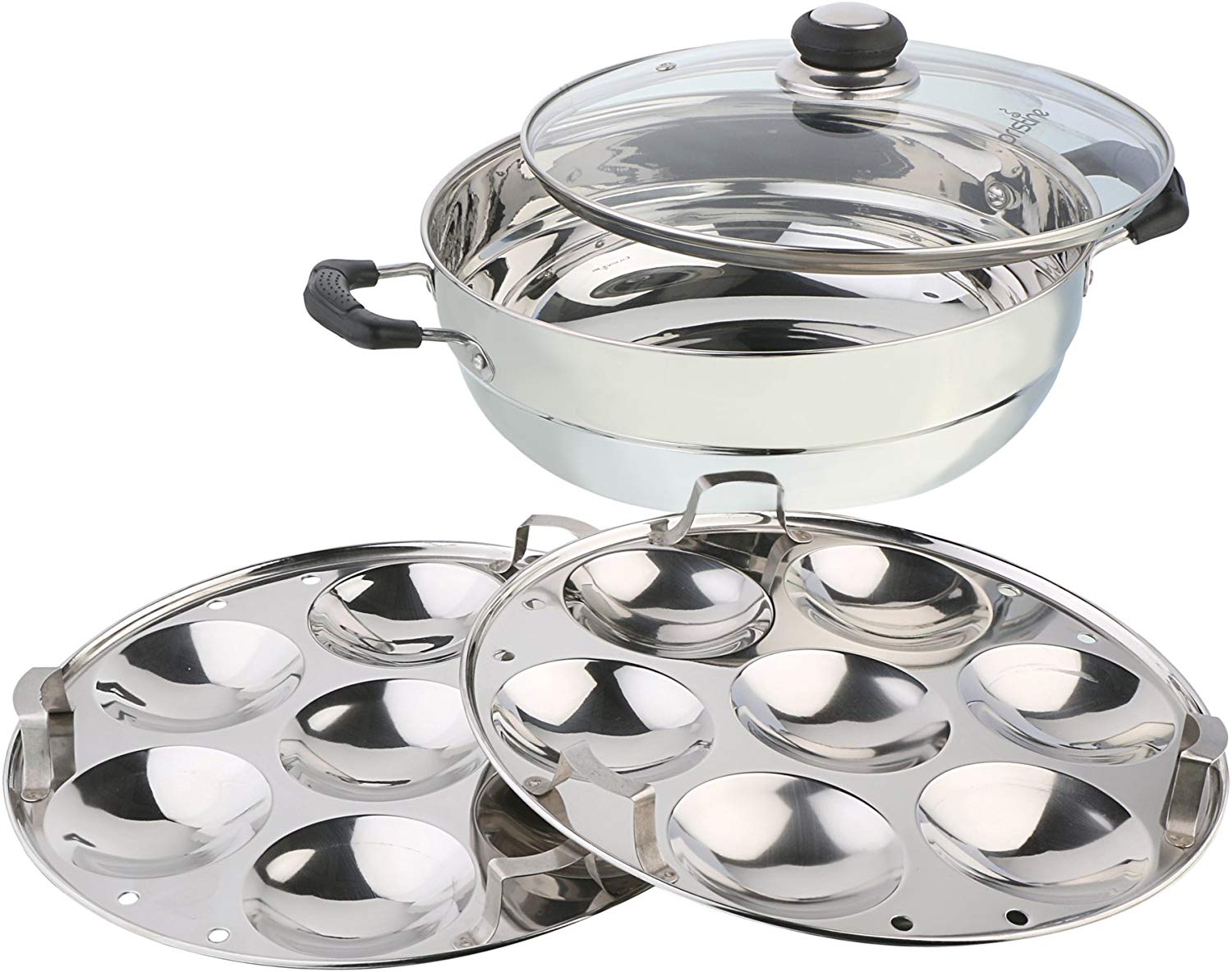 Stainless Steel Tri Ply Induction Base Multi Kadhai and Idli Maker with 2 Idli plates, Glass Lid, 27cm 4.5Ltrs