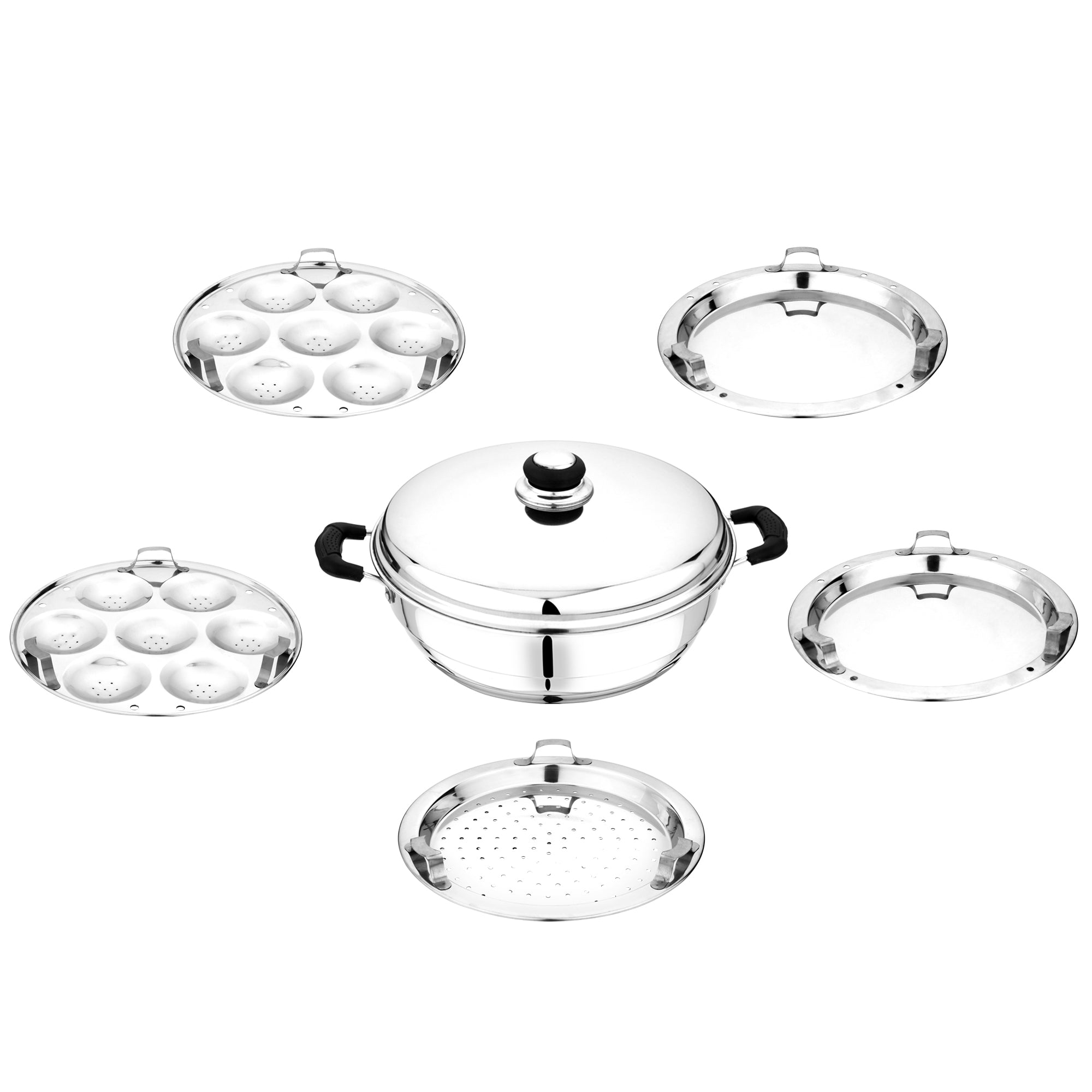 Stainless Steel Tri Ply Induction Base Multi Kadha, with 5 plates and Lid, 27cm 4.5 Ltrs