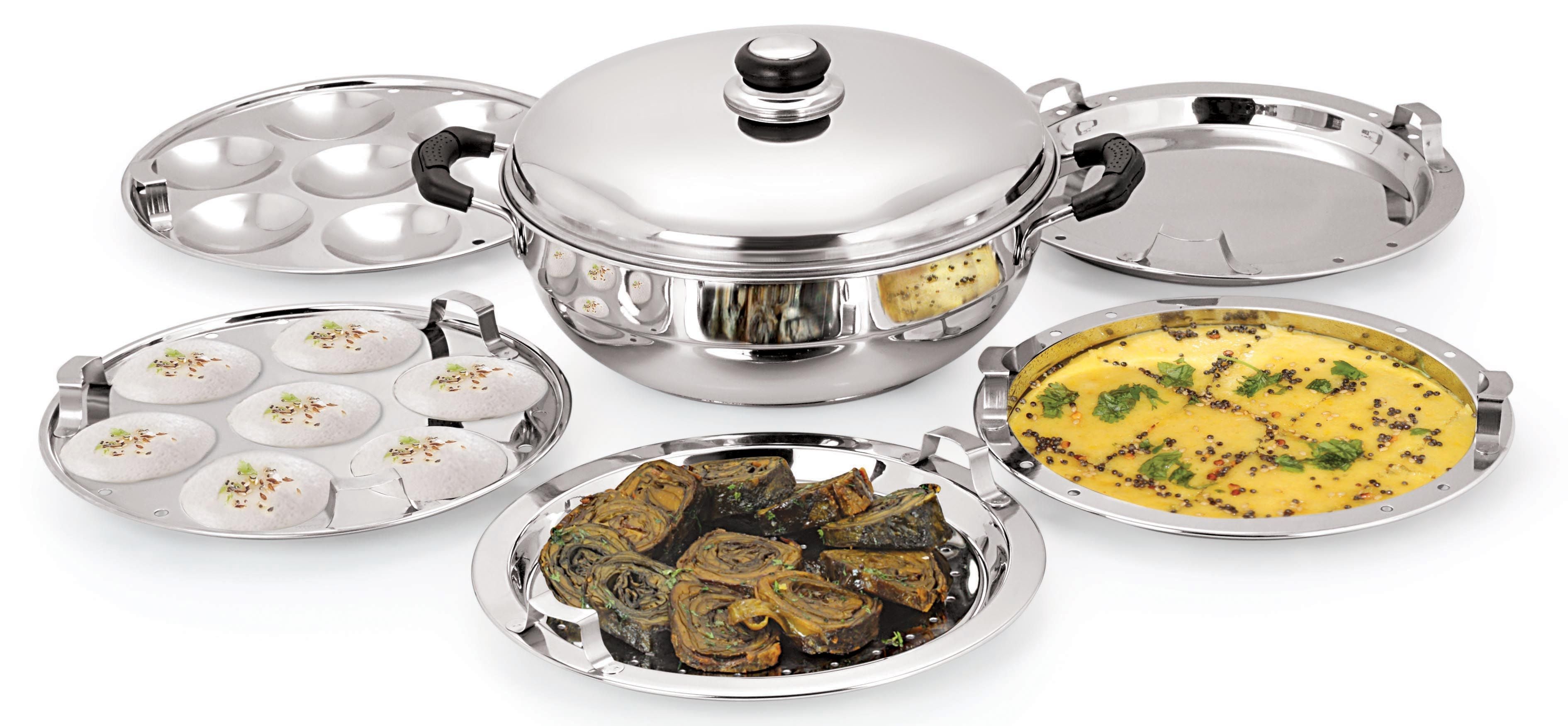 Stainless Steel Tri Ply Induction Base Multi Kadha, with 5 plates and Lid, 27cm 4.5 Ltrs