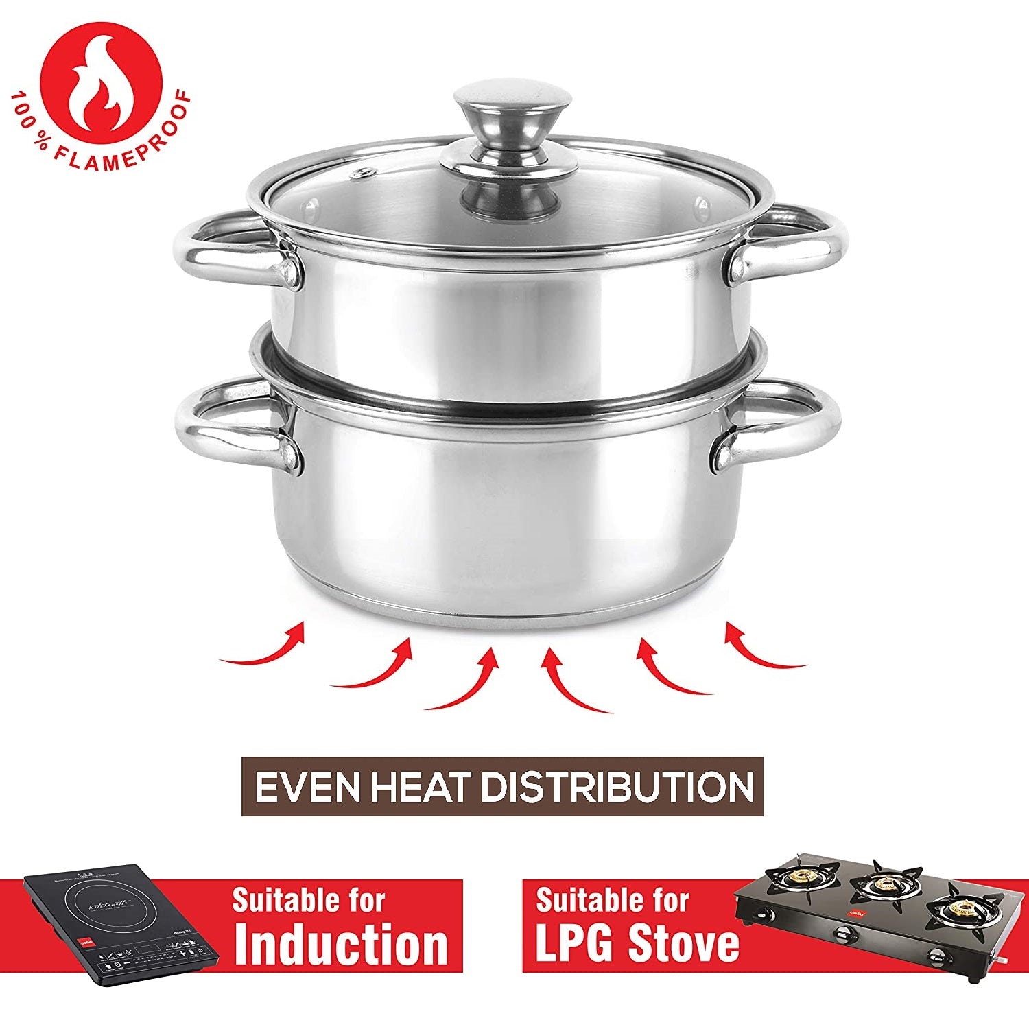 Stainless Steel Tri Ply Induction Base 2 Tier Steamer /Momo Maker, 18cm, 2 Liters