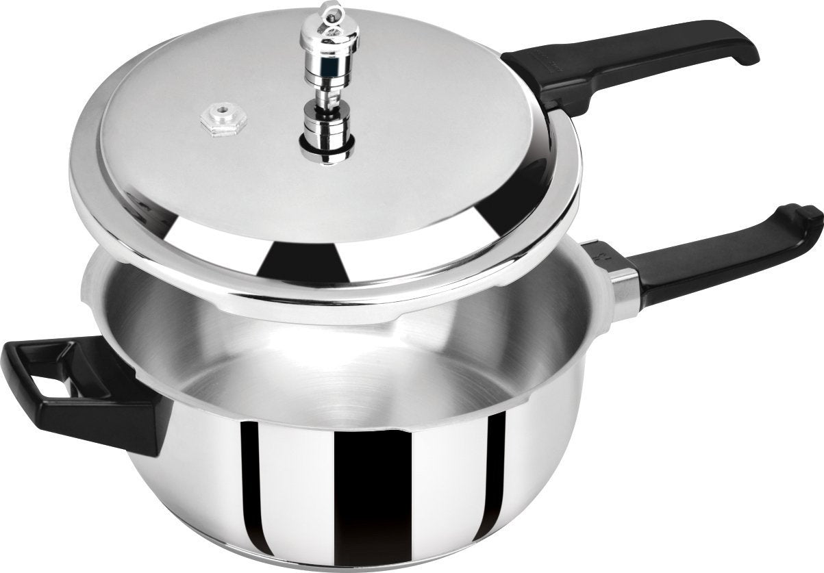 18/8 Stainless Steel Tri Ply Induction Base Outer Lid Handi Pressure Cooker (5 litres , Silver), ISI Marked